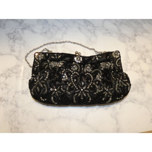 Vintage Black and White Beaded Clutch handbag with Metal strap - Picture 4 of 4